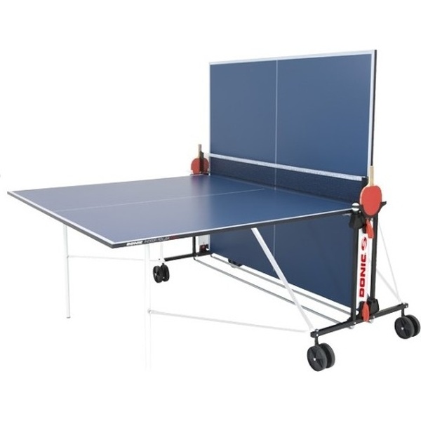 Стіл тенісний DONIC Outdoor Fun Blue (230234-B) Додатково складана конструкція; стільниця водостійкий меламін 4 мм з покриттям антивідблиску; металеве окантування 36 мм; сталева рама Ø25 мм; профіль опори 40х40 мм; 4 колеса Ø125 мм із гумовим протектором; осередки зберігання; вбудована сітка