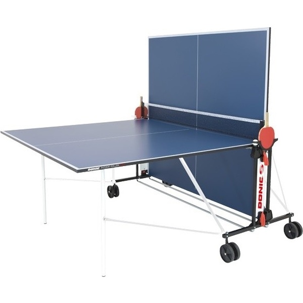 Стол теннисный DONIC Indoor Roller Fun Blue Blue (230235-B) Дополнительно  складная конструкция; столешница 19 мм; стальная рама Ø25 мм с порошковым покрытием; профиль опоры 25 x 25 мм; 4 колеса ≈125 мм (1 сторона маневровая); встроенная сетка; блокировка столешниц; возможность одиночной игры; ячейки для хранения