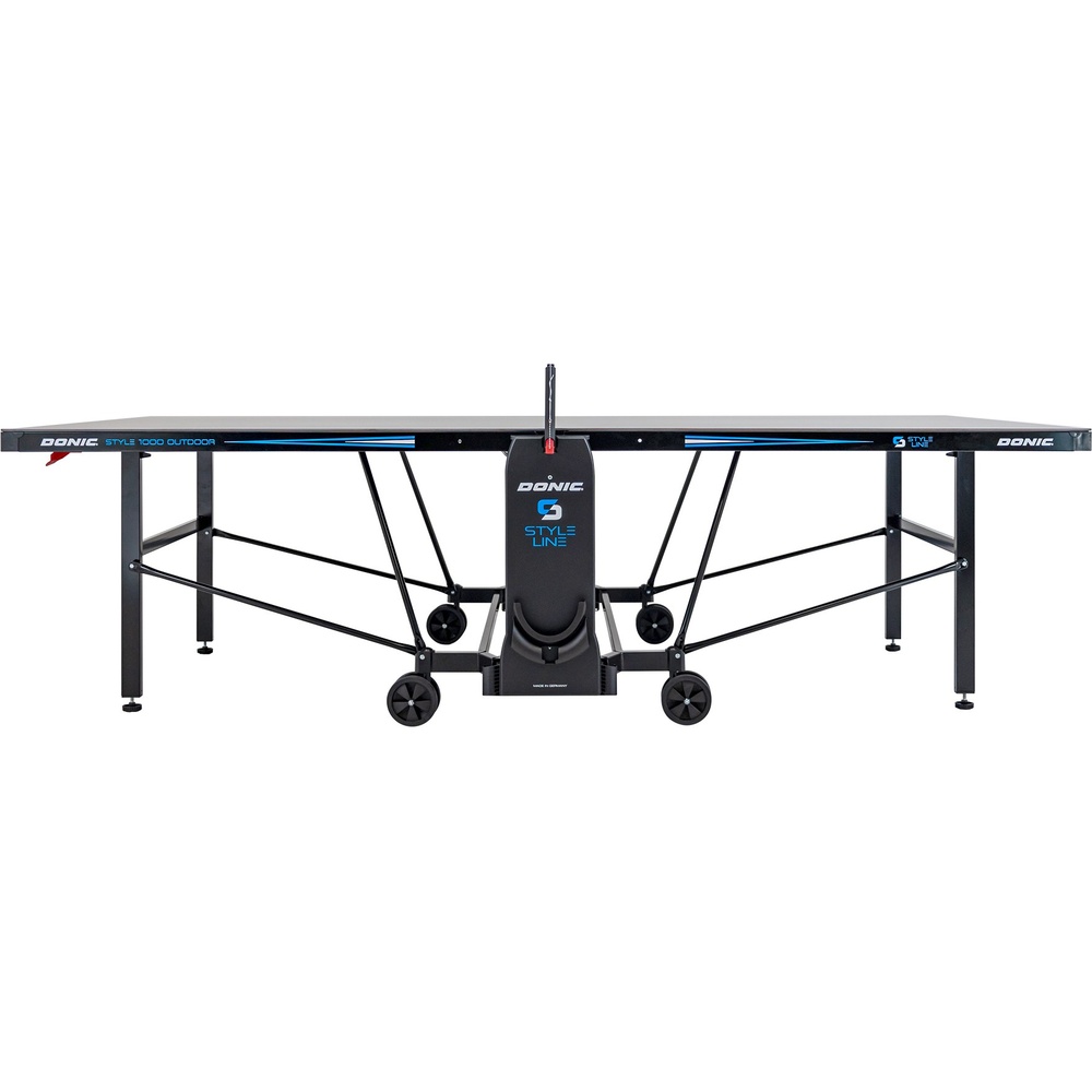 Стіл тенісний DONIC Outdoor Style 1000 Anthracite (230211700) Додатково складана конструкція; стільниця водостійкий меламін 6 мм; металеве окантування 50 мм; рама 50x30 мм із порошковим покриттям; 4 керовані колеса Ø128 мм з гумовими протекторами; регульовані ніжки до 30 мм