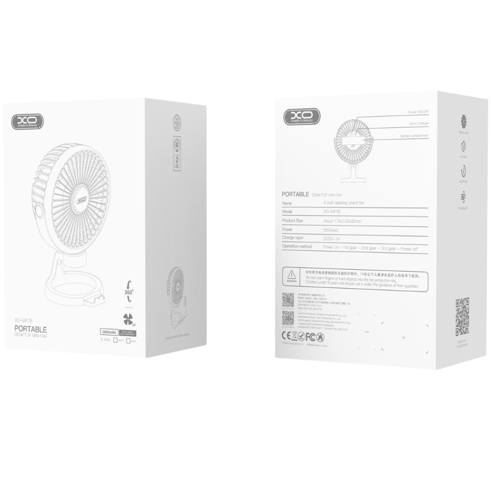 Вентилятор XO MF78 white Источник питания аккумуляторная батарея 