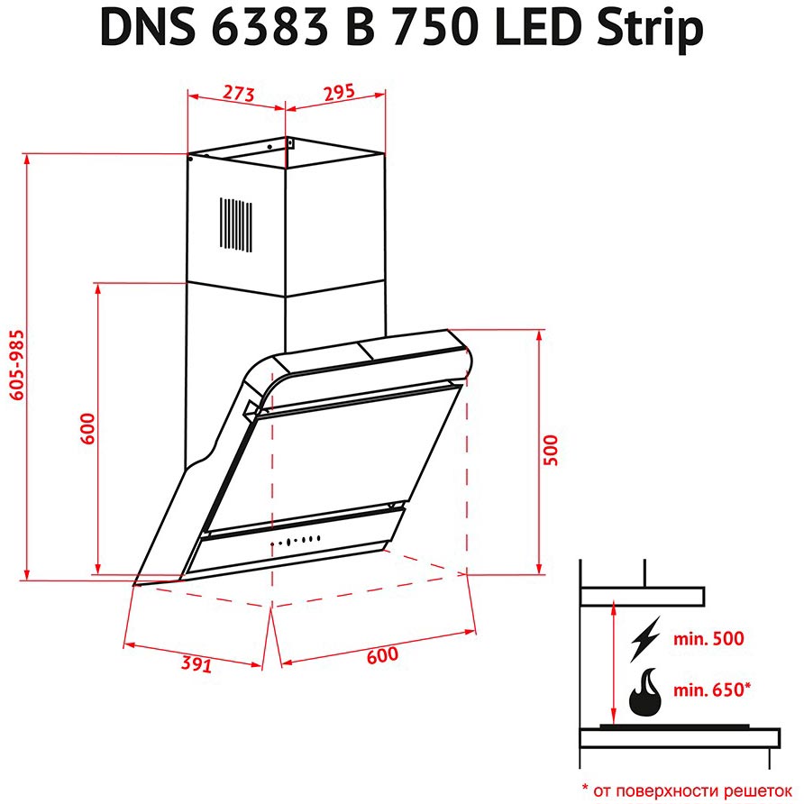 Зовнішній вигляд Витяжка PERFELLI DNS 6383 B 750 BL LED Strip