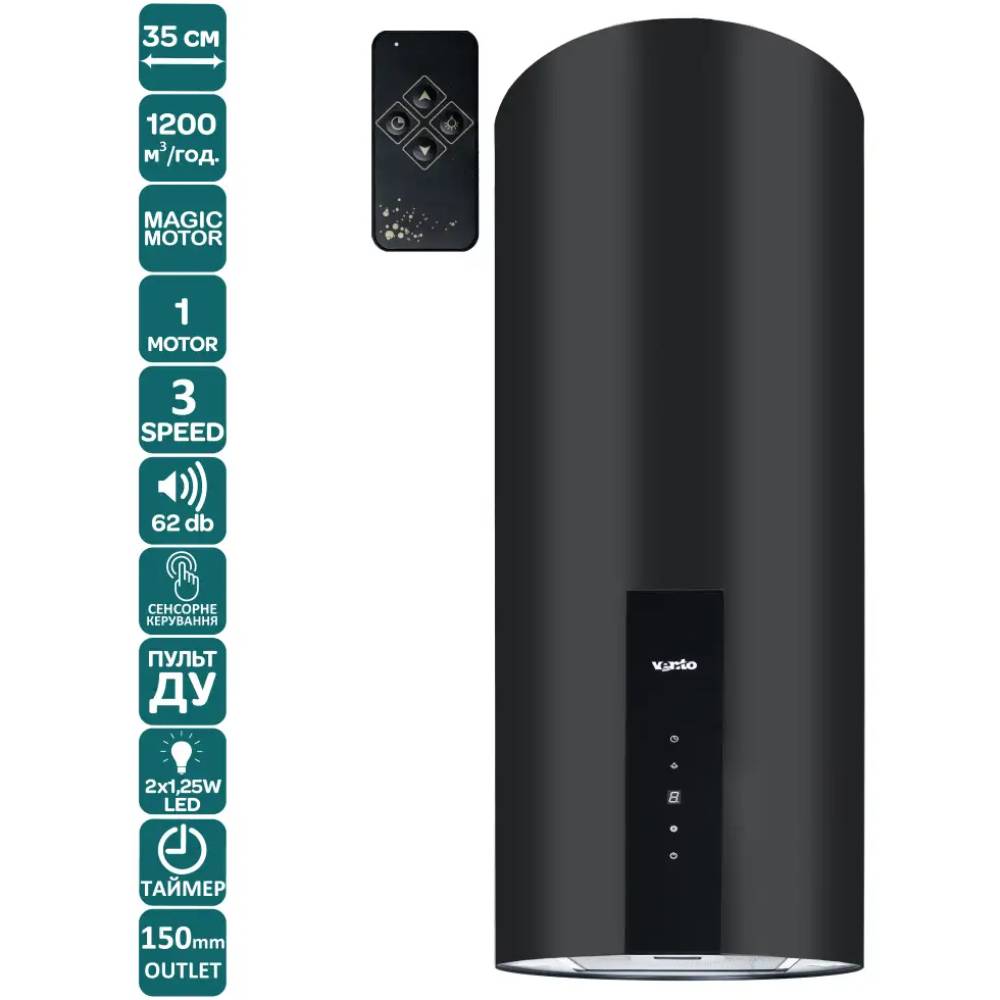 Вытяжка VENTOLUX ISOLA CILINDRO 35 BK 1200 TRC MM Мощность мотора 75