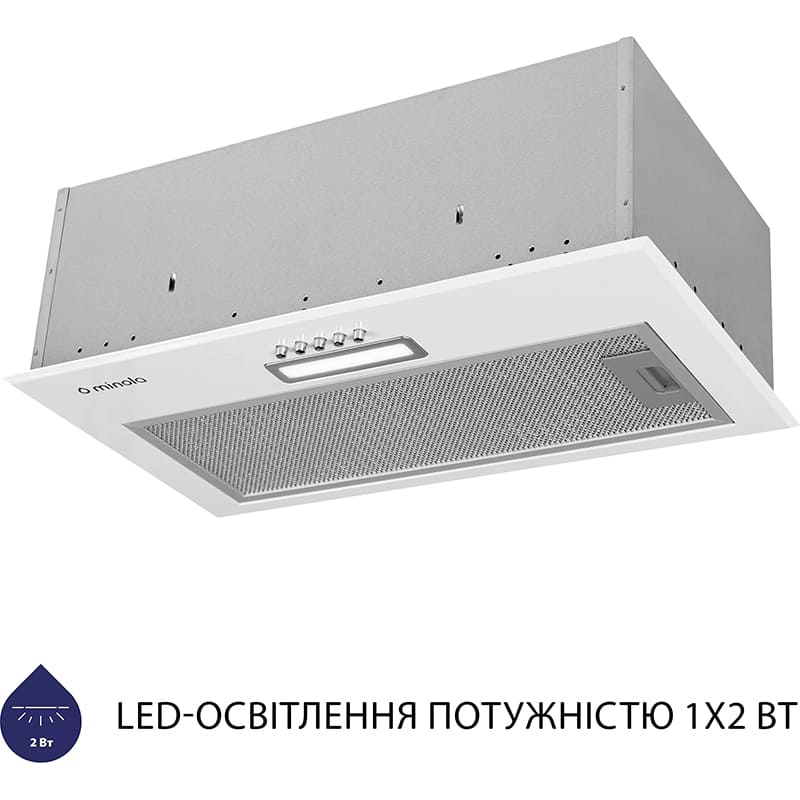 Витяжка MINOLA HBI 5214 WH 700 LED Додатково Комплектація: Алюмінієвий фільтр, гарантійний талон, інструкція, мікрофіша, монтажний комплект, зворотний клапан, шнур з вилкою, енергокартка