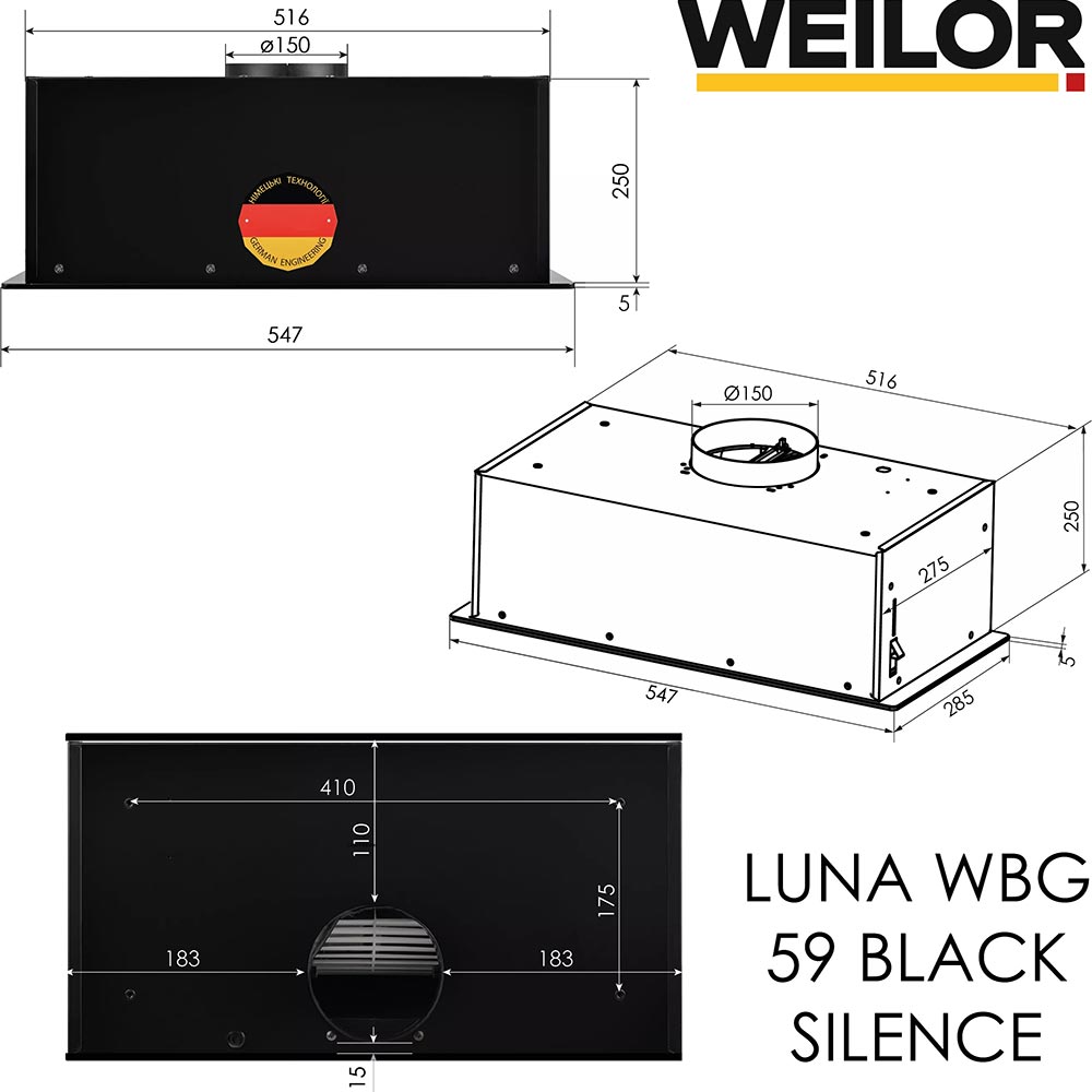 Обзор Вытяжка WEILOR LUNA WBG 59 Black Silence (УТ000004611)