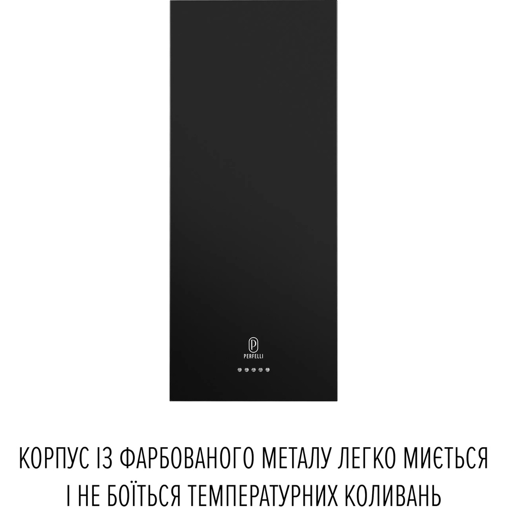 Вытяжка PERFELLI PRIMO 36PEB NERO Дополнительно тип монтажа: пристенный; уровень шума: 52–63 дБ; комплектация: вытяжка, алюминиевый фильтр, монтажный комплект, гофра, обратный клапан, шнур с вилкой