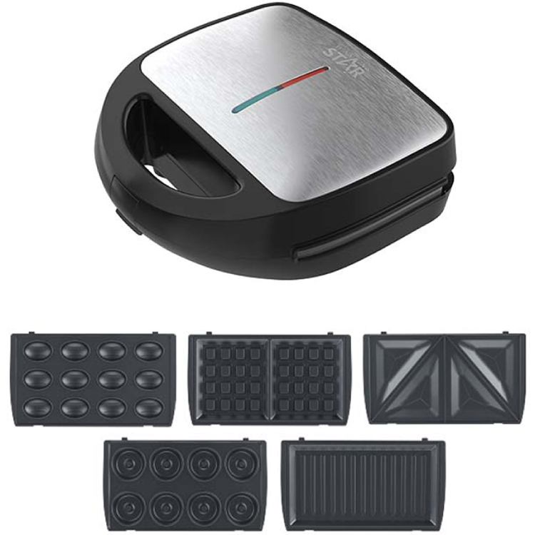 Мультимейкер WINNINGSTAR ST-9396 Black-Silver Дополнительно автоматический контроль температуры с предохранителем; два световых индикатора работы; высокая эффективность двустороннего нагрева; сменные пластины легко снимаются и моются