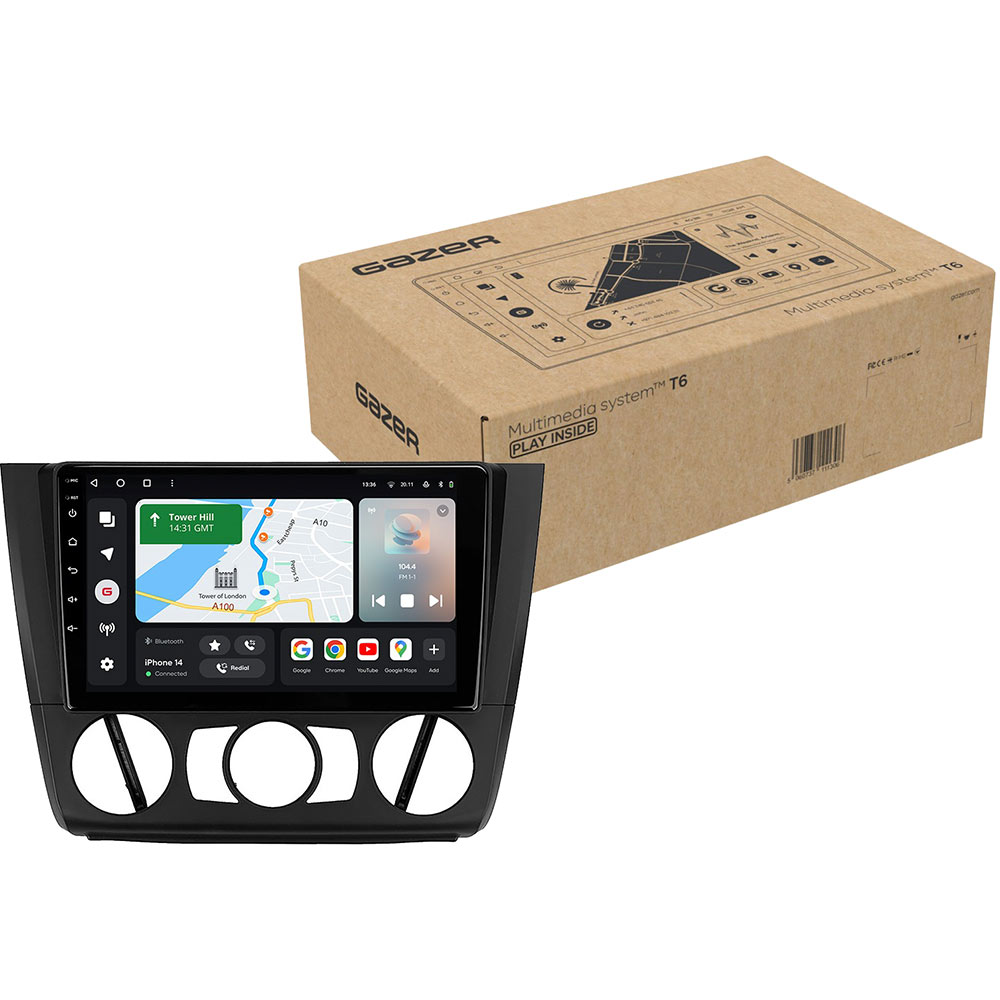 Автомагнітола GAZER T6009-E87 PRO MAX для BMW 1 Series (E87) 2004-2011 Додатково CarPlay; Android Auto; Підтримка кнопок на кермі; Підтримка оригінального підсилювача; Підтримка оригінальної камери; Режим поділу екрана; Голосове керування; ОС: Android 10; Пам'ят: 6/128 гб;