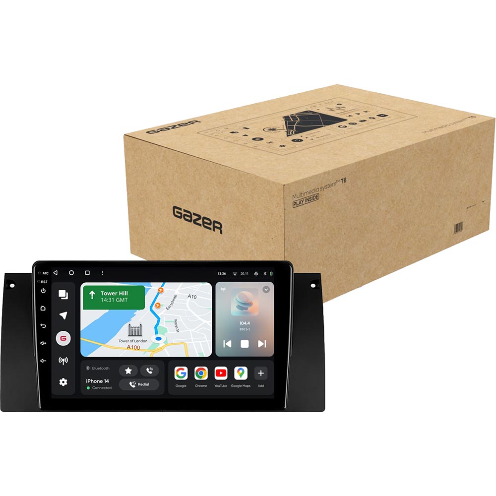 Автомагнітола GAZER T6009-E39 PRO MAX для BMW 5 Series (E39), X5 (E53) 1999-2006 Додатково CarPlay; Android Auto; Підтримка кнопок на кермі; Підтримка оригінального підсилювача; Підтримка оригінальної камери; Режим поділу екрана; Голосове керування; ОС: Android 10; Пам'ят: 6/128 гб;