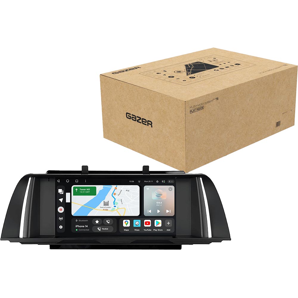 Автомагнитола GAZER T6009-F10/CIC PRO MAX для BMW 5 Series CIC (F10) 2009-2013 Дополнительно CarPlay; Android Auto; Поддержка кнопок на руле; Поддержка оригинального усилителя; Поддержка оригинальной камеры; Режим разделения экрана; Голосовое управление; ОС: Android 10; Памят: 6/128 гб;