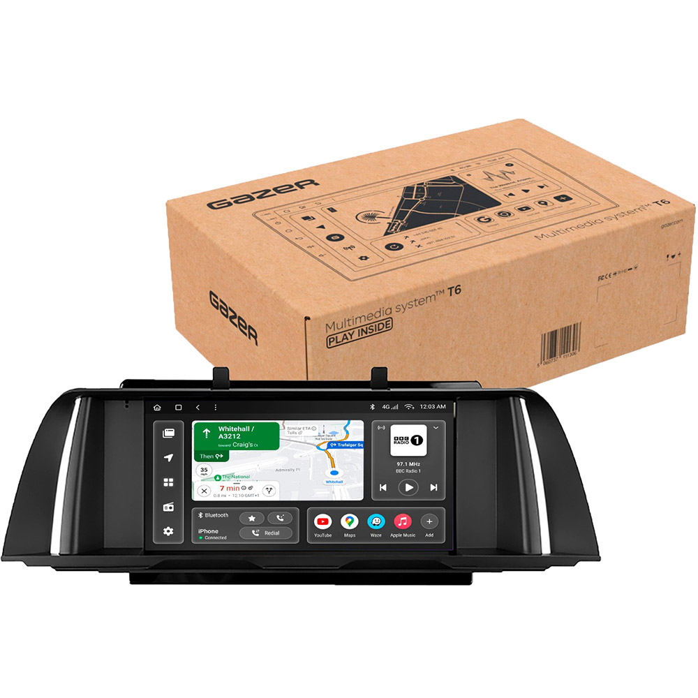 Автомагнітола GAZER T6009-F10/NBT PRO MAX для BMW 5 Series NBT (F10) 2013-2017 Додатково CarPlay; Android Auto; Підтримка кнопок на кермі; Підтримка оригінального підсилювача; Підтримка оригінальної камери; Режим поділу екрана; Голосове керування; ОС: Android 10; Пам'ят: 6/128 гб;