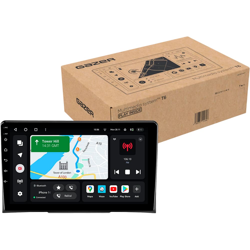 Автомагнитола GAZER T6009-T5 PRO MAX (46285) Дополнительно CarPlay; Android Auto; Микрофон; Голосовое управление; 4G (LTE); 3G; GPS-модуль; ОЗУ: 6 Гб, Встроенная память: 128 Гб; Разделение экрана; Быстрое пробуждение; Поддержка IPAS; Поддержка PDC; Поддержка TPMS