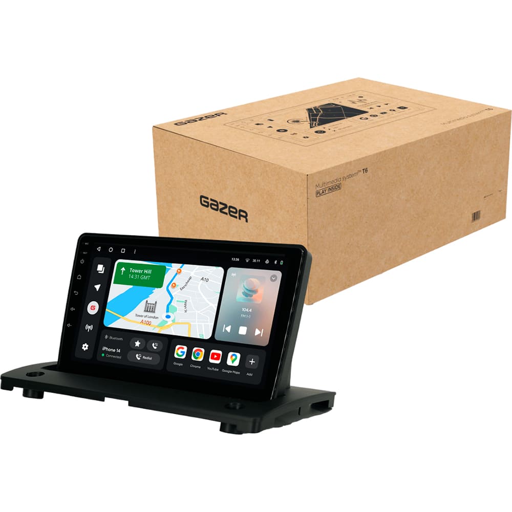 Автомагнітола GAZER T6009-VP2 PRO MAX (46314) Додатково CarPlay; Android Auto; Мікрофон; Голосове керування; 4G (LTE); 3G; GPS модуль; ОЗУ: 6 Гб, Вбудована пам'ять: 128 Гб; Розділення екрану; Швидке пробудження; Підтримка IPAS; Підтримка PDC; Підтримка TPMS