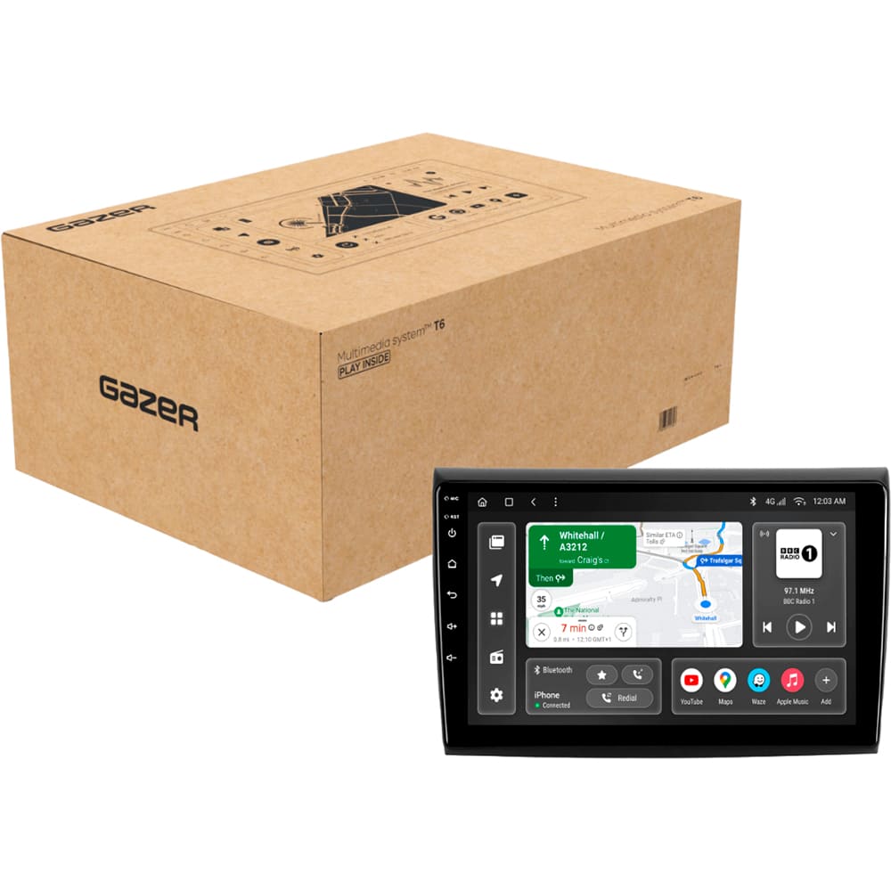 Автомагнитола GAZER T6009-198 (77604) Дополнительно CarPlay; Android Auto; Микрофон; 4G (LTE); 3G; GPS-модуль; ОЗУ: 2 Гб, Встроенная память: 32 Гб; Разделение экрана; Быстрое пробуждение; Поддержка IPAS; Поддержка PDC; Поддержка TPMS