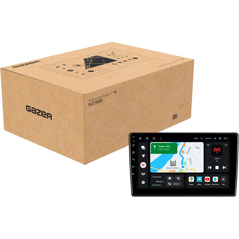 Автомагнитола GAZER T6009-X250 (78520) Дополнительно CarPlay; Android Auto; Микрофон; 4G (LTE); 3G; GPS-модуль; ОЗУ: 2 Гб, Встроенная память: 32 Гб; Разделение экрана; Быстрое пробуждение; Поддержка IPAS; Поддержка PDC; Поддержка TPMS