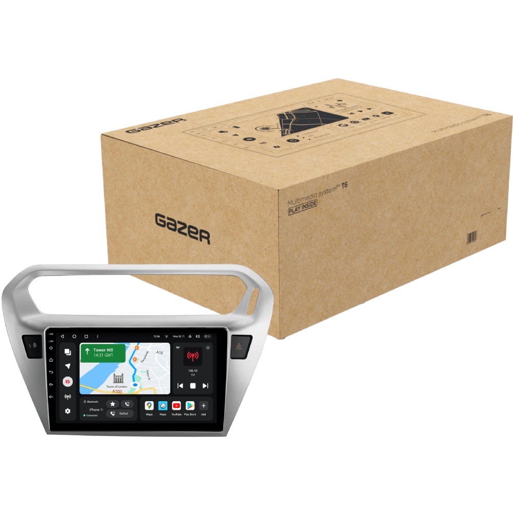 Автомагнітола GAZER T6509-ELS для Citroen C-Elysee 2012-2016 (79002) Додатково CarPlay; Android Auto; Мікрофон; Голосове керування; 4G (LTE); 3G; GPS модуль; ОЗП: 2 Гб; Вбудована пам'ять: 32 Гб; Розділення екрану; швидке пробудження; Голосове керування; Підтримка IPAS; Підтримка PDC; Підтримка TPMS