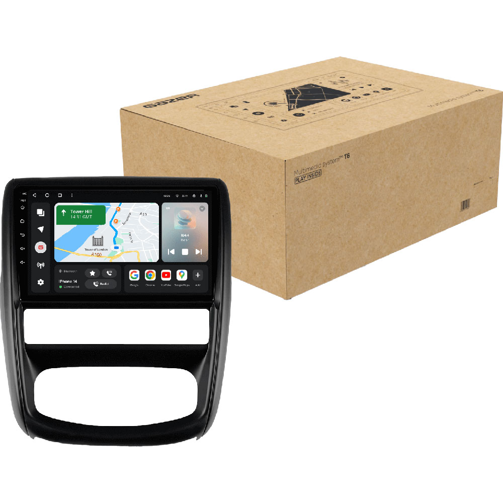 Автомагнітола GAZER T6009-HS PRO для Renault Duster 1 (HS) 2010-2015 (79620) Додатково оперативна пам'ять 4 Гб; внутрішня пам'ять 64 Гб; чіп підсилювача TDA7851; чіп радіоприймача TDA7708; комплектація: автомагнітола, кабелі підключення входів/виходів, мікрофон, GPS Антена, LTE Антена, кабелі USB, гвинти кріплення, інструкція, SIM-карта