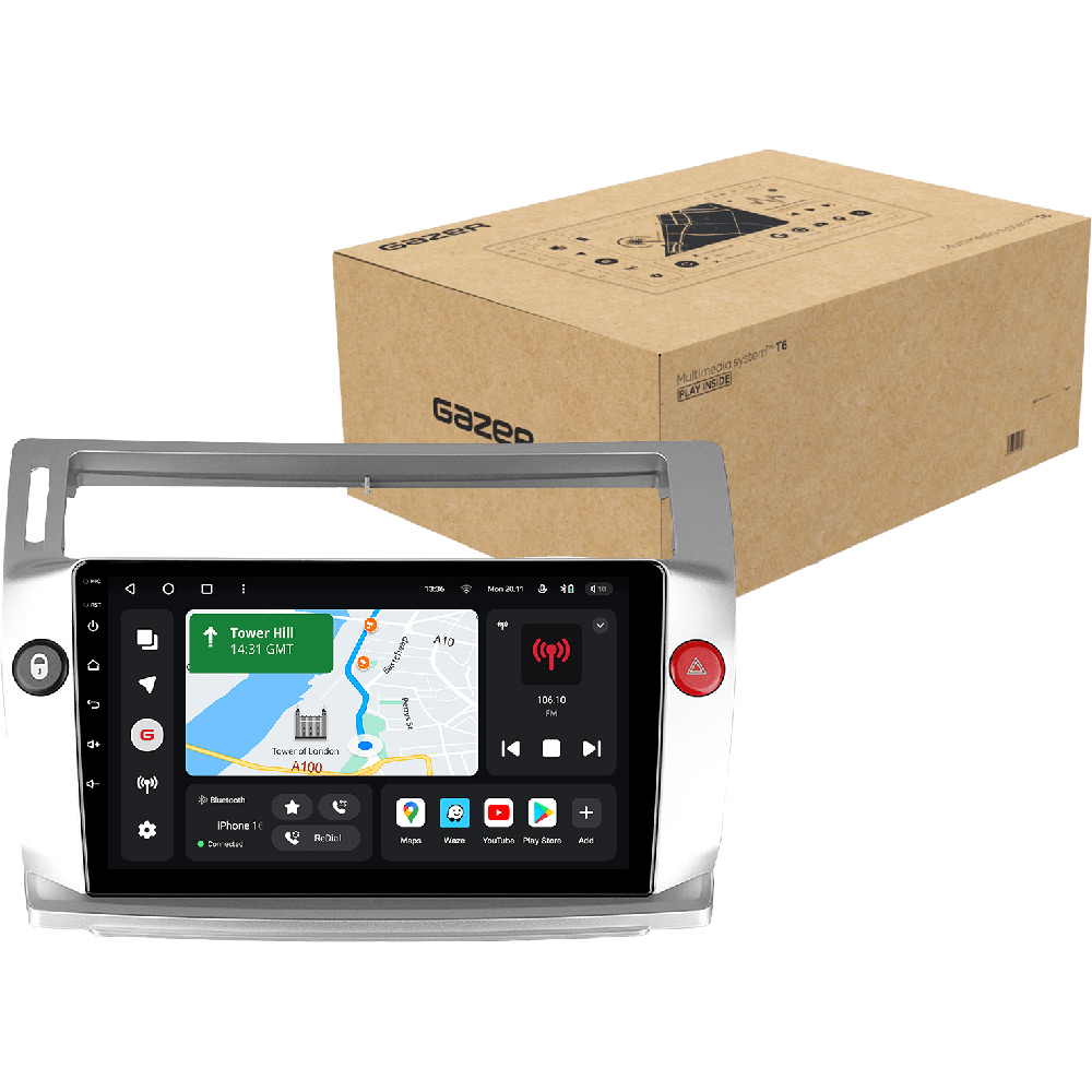 Автомагнітола GAZER T6009-CPF PRO для Citroen C4 LA LC, C-Triomphe, C-Quatre 2004-2014 Додатково CarPlay; Android Auto; Мікрофон; Голосове керування; 4G (LTE); 3G; GPS модуль; Матриця: QLED; ОЗП: 4 Гб; Вбудована пам'ять: 64 Гб; Розділення екрану; Швидке пробудження; Голосове керування; Підтримка IPAS, PDC, TPMS; Підтримка штатних камер