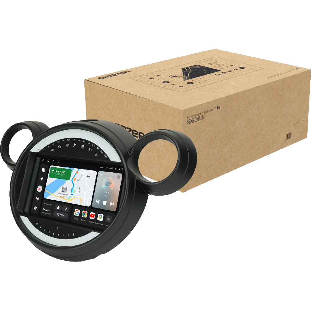 Автомагнітола GAZER T6009-R56F PRO для Mini 2010-2016 Додатково CarPlay; Android Auto; Мікрофон; Голосове керування; 4G (LTE); 3G; GPS модуль; Матриця: QLED; ОЗП: 4 Гб; Вбудована пам'ять: 64 Гб; Розділення екрану; Швидке пробудження; Голосове керування; Підтримка IPAS, PDC, TPMS; Підтримка штатних камер