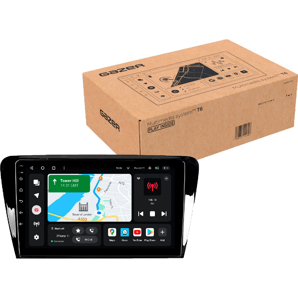 Автомагнітола GAZER T6010-5E/H PRO для Skoda Octavia 3, A7 (5E) 2013-2018 Додатково CarPlay; Android Auto; Мікрофон; Голосове керування; 4G (LTE); 3G; GPS модуль; Матриця: QLED; ОЗП: 4 Гб; Вбудована пам'ять: 64 Гб; Розділення екрану; Швидке пробудження; Голосове керування; Підтримка IPAS, PDC, TPMS; Підтримка штатних камер