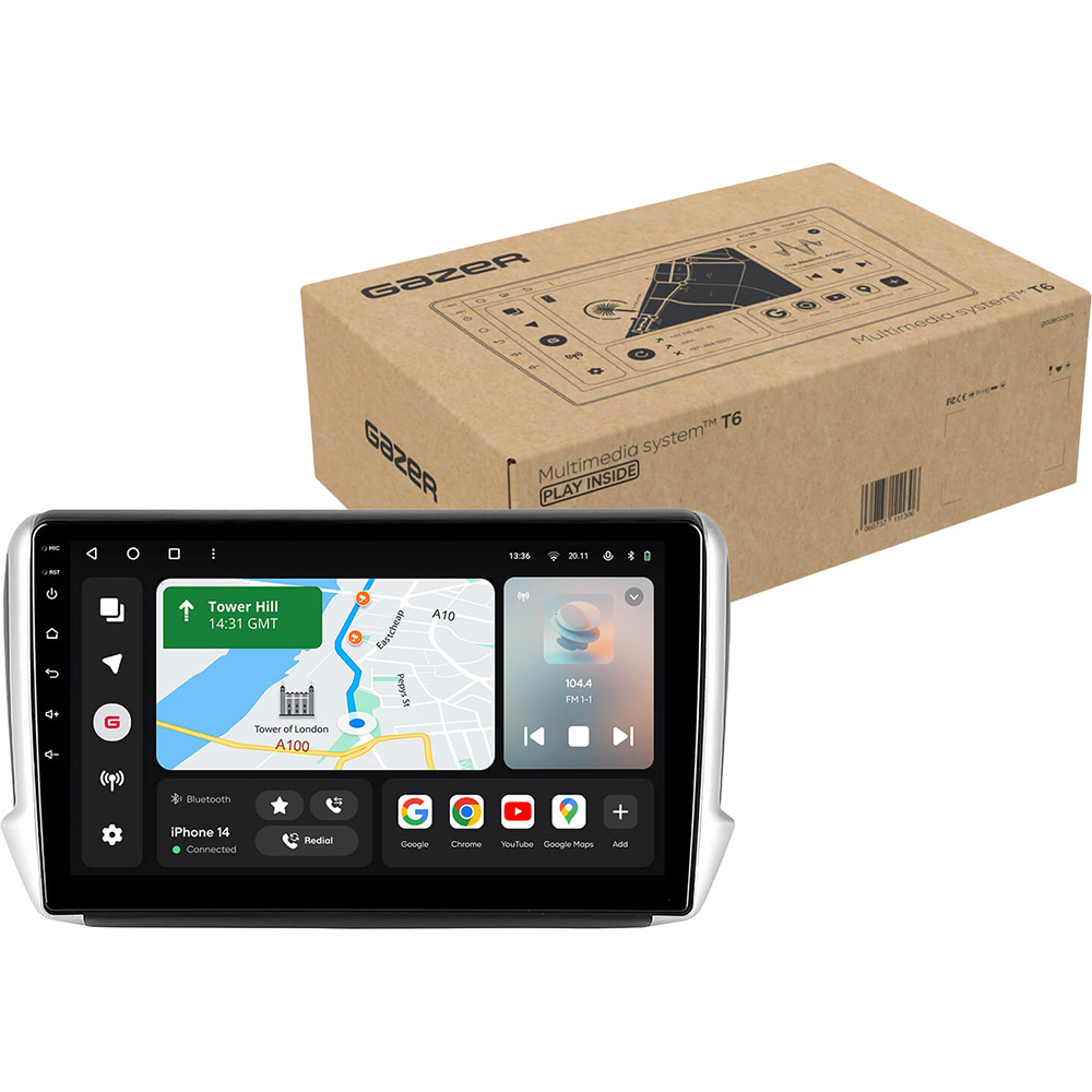 Автомагнітола GAZER T6010-A94F PRO для Peugeot 2008 1 208 2013-2020 Додатково CarPlay; Android Auto; Мікрофон; Голосове керування; 4G (LTE); 3G; GPS модуль; Матриця: QLED; ОЗП: 4 Гб; Вбудована пам'ять: 64 Гб; Розділення екрану; Швидке пробудження; Голосове керування; Підтримка IPAS, PDC, TPMS; Підтримка штатних камер