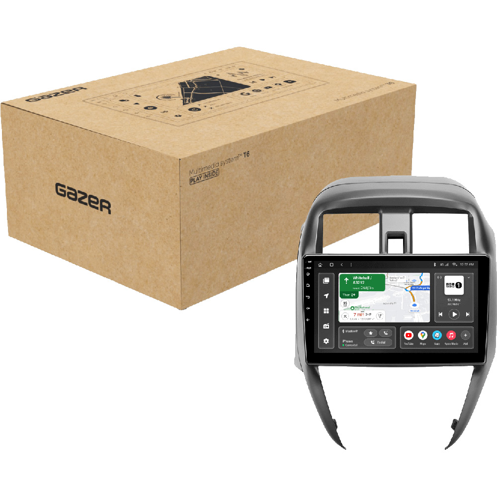 Автомагнітола GAZER T6010-C17F PRO для Nissan Sunny 2014-2016 Додатково CarPlay; Android Auto; Мікрофон; Голосове керування; 4G (LTE); 3G; GPS модуль; Матриця: QLED; ОЗП: 4 Гб; Вбудована пам'ять: 64 Гб; Розділення екрану; Швидке пробудження; Голосове керування; Підтримка IPAS, PDC, TPMS; Підтримка штатних камер