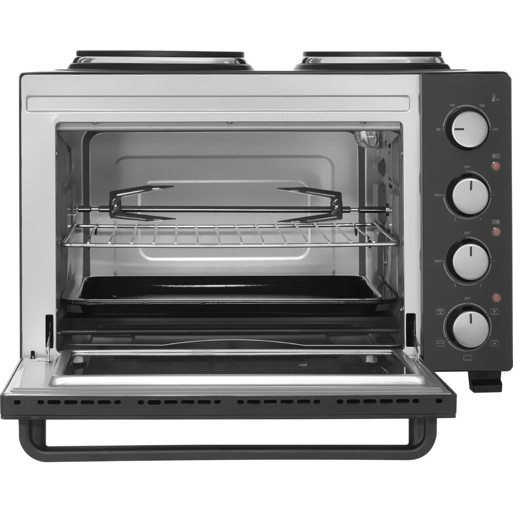 Электропечь SENCOR SEO3500BK Дополнительно Большая конфорка: 18,5 см, 1000 Вт; маленькая конфорка: 15,5 см, 700 Вт