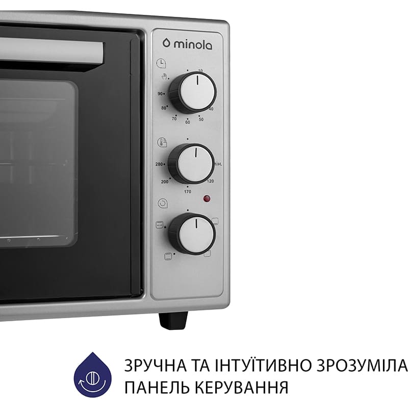 Електропіч MINOLA FOEV 4815 GR Додатково 4 режими приготування: Верхнє нагрівання, верхнє нагрівання + нижнє нагрівання, нижнє нагрівання, верхнє нагрівання + вертлюг