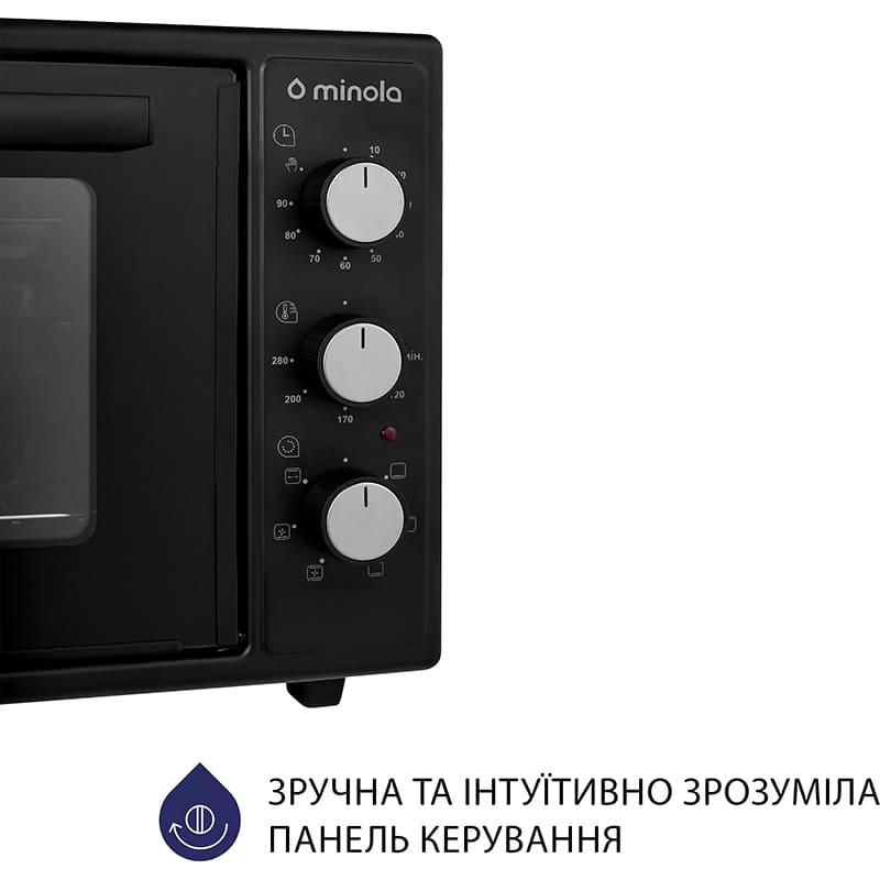 Електропіч MINOLA FOET 4815 BL Додатково 6 режимів приготування: Верхнє нагрівання, верхнє нагрівання + рожевий, верхнє нагрівання + нижнє нагрівання, верхнє нагрівання + нижнє нагрівання + конвекція, нижнє нагрівання, нижнє нагрівання + конвекція
