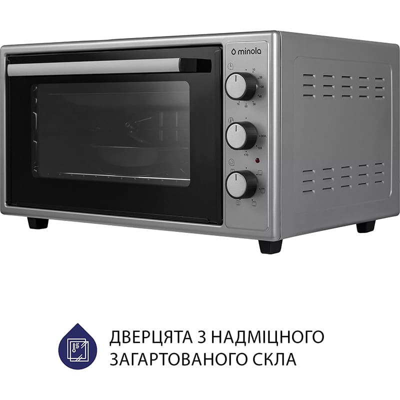 Електропіч MINOLA FOET 4815 GR Додатково 6 режимів приготування: Верхнє нагрівання, верхнє нагрівання + рожевий, верхнє нагрівання + нижнє нагрівання, верхнє нагрівання + нижнє нагрівання + конвекція, нижнє нагрівання, нижнє нагрівання + конвекція