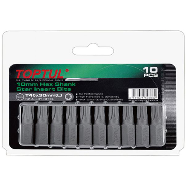 

Набор бит TOPTUL 10мм L30мм T40 10ед. (FSEA1240G), Набор бит 10мм L30мм T40 10ед. на блистере