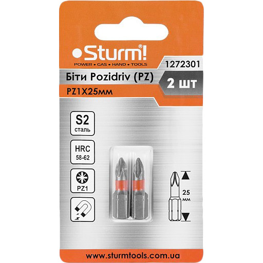 

Набор бит STURM S2 PZ1x25 мм 2 шт (1272301), 1272301 Біти S2 PZ1x25 mm, 2шт