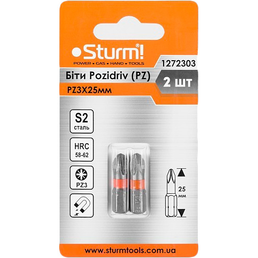 

Набор бит STURM S2 PZ3x25 мм 2 шт (1272303), 1272303 Біти S2 PZ3x25 mm, 2шт