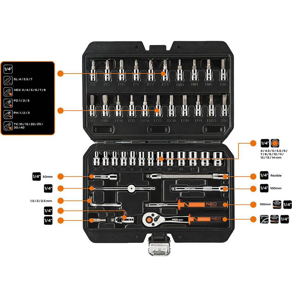 Набір інструментів NEO TOOLS 1/4" 46шт (10-004) Матеріал інструментів Хром-ванадієва сталь