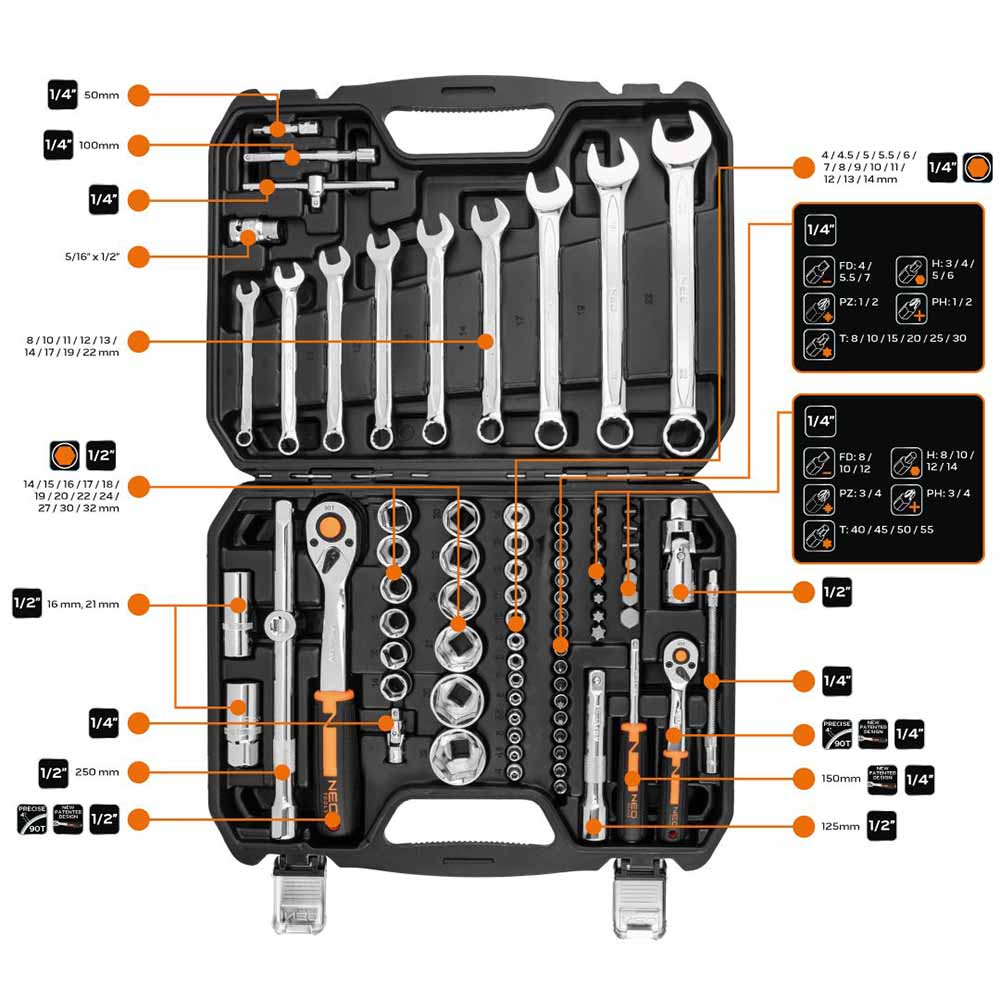 Набор инструментов NEO TOOLS  1/2", 1/4" 82шт (10-059) Инструменты в наборе переходник