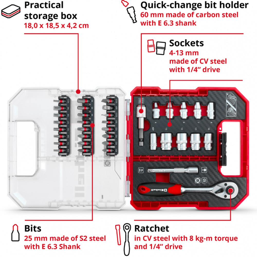 Набор инструментов EINHELL 1/4" 4-13 мм 37 шт Red (109022) Инструменты в наборе биты