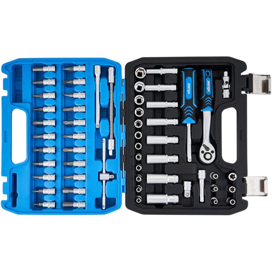 Набор инструментов MOLDER MT60056 Дополнительно трещотка 1/4" 72 зуба, удлинители 75/150 мм, гибкий удлинитель, кардан, Т-образный вороток, переходник для бит 1/4"–3/8"