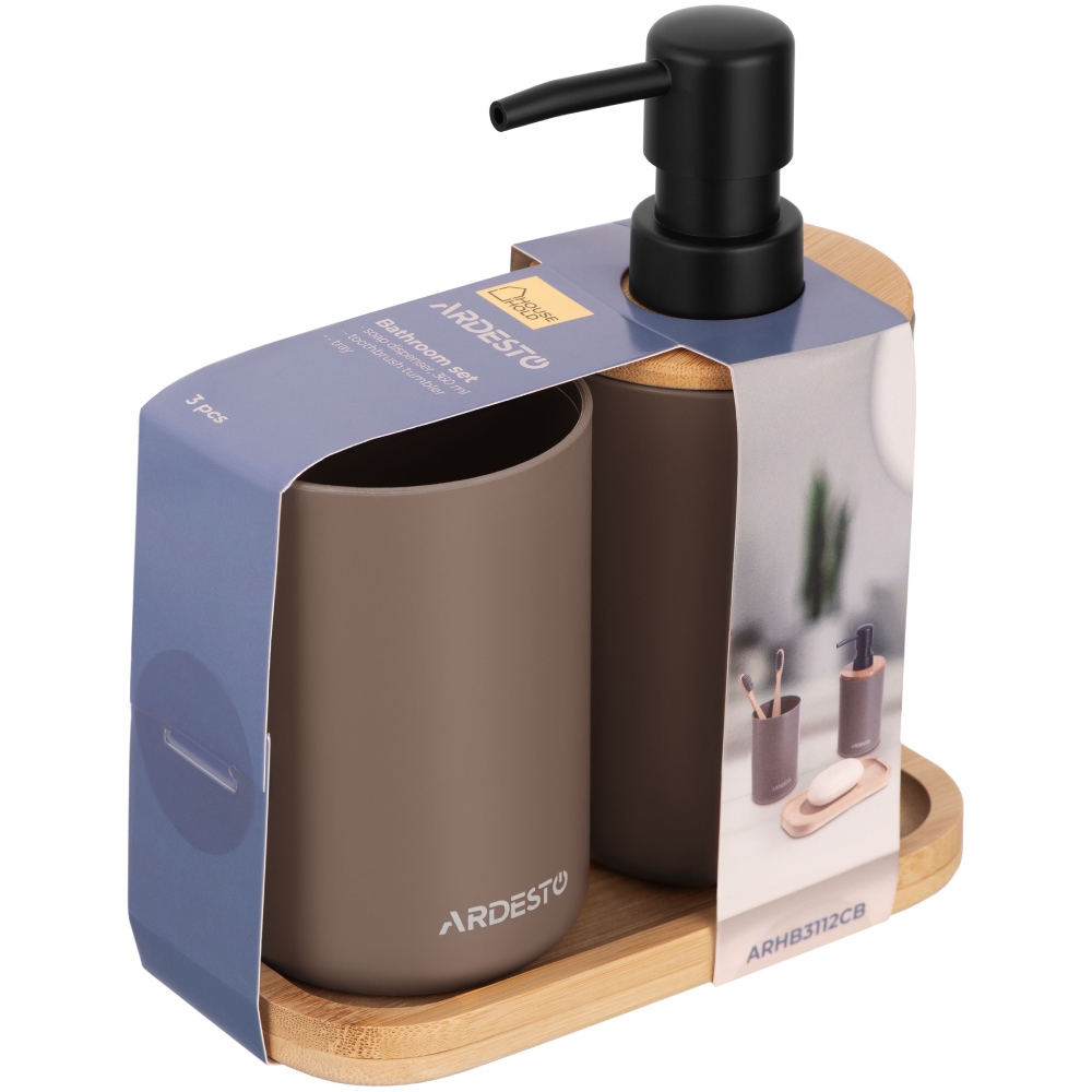 Набір для ванної кімнати ARDESTO Minimalism 360мл тауп (ARHB3112CB) Розміри диспенсер: 7,6 x 17,4 см, склянка: 7,6 x 11 см, підставка: 16,3 x 8,9 x 1,5 см