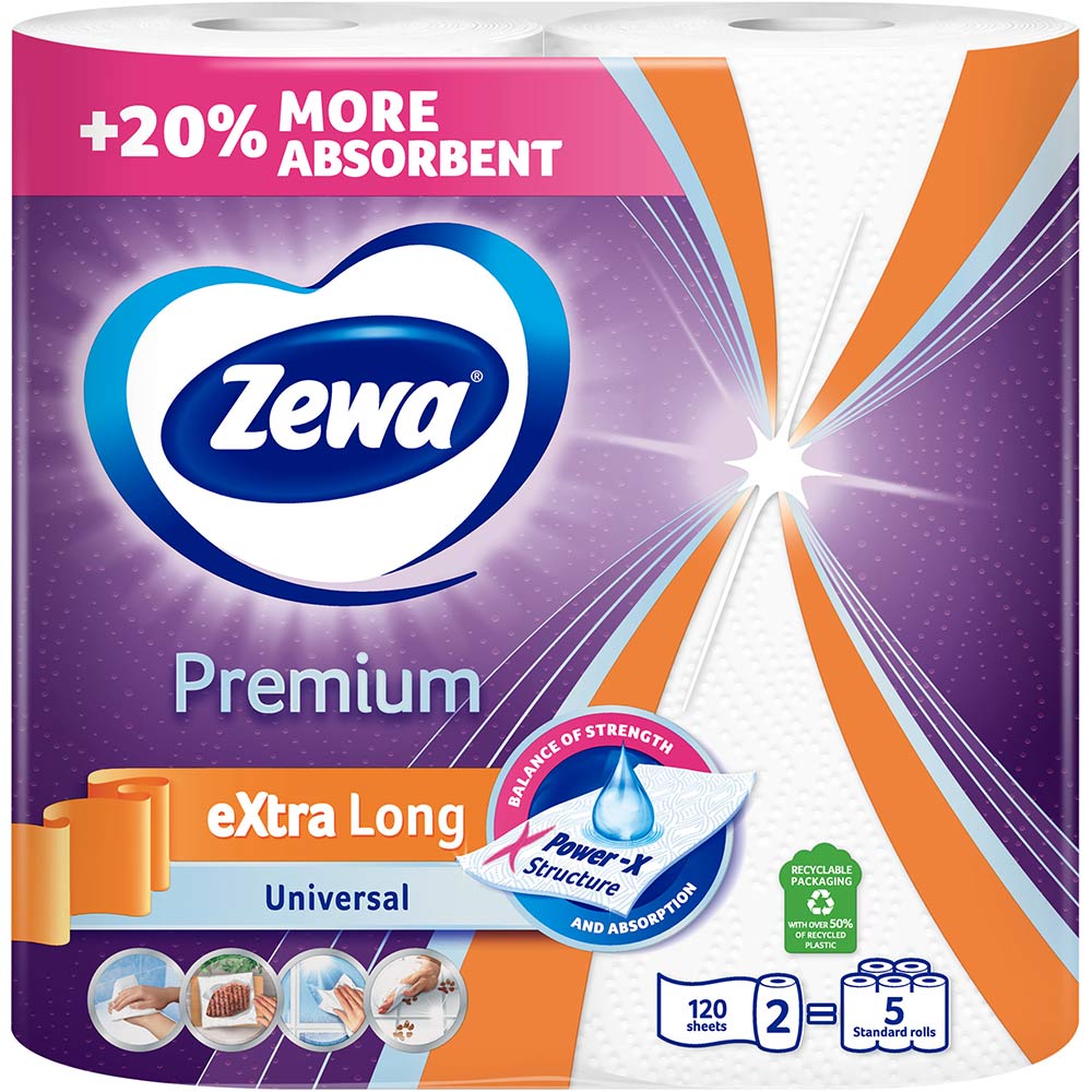 Паперові рушники Zewa Extra Long 2 шари 120 відривів 2 рулони (7322541192932) Тип паперові рушники