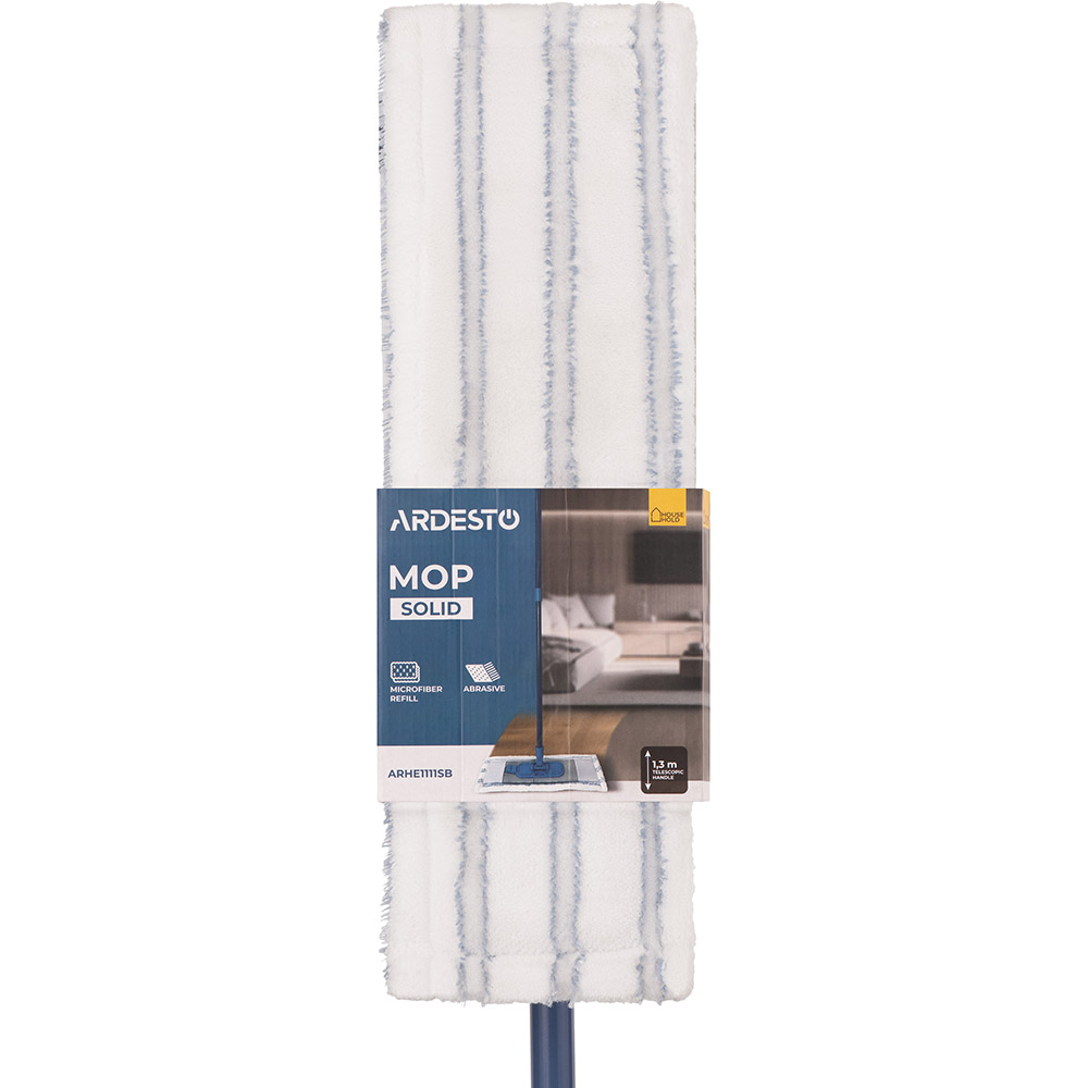 Швабра ARDESTO Solid Blue (ARHE1111SB) Розмір 41 х 7,8 (швабра); 130/75, 2.5/2.2 (ручка); 45,5х15 знімна насадка (зовнішній розмір), 41х10 (внутрішній розмір)