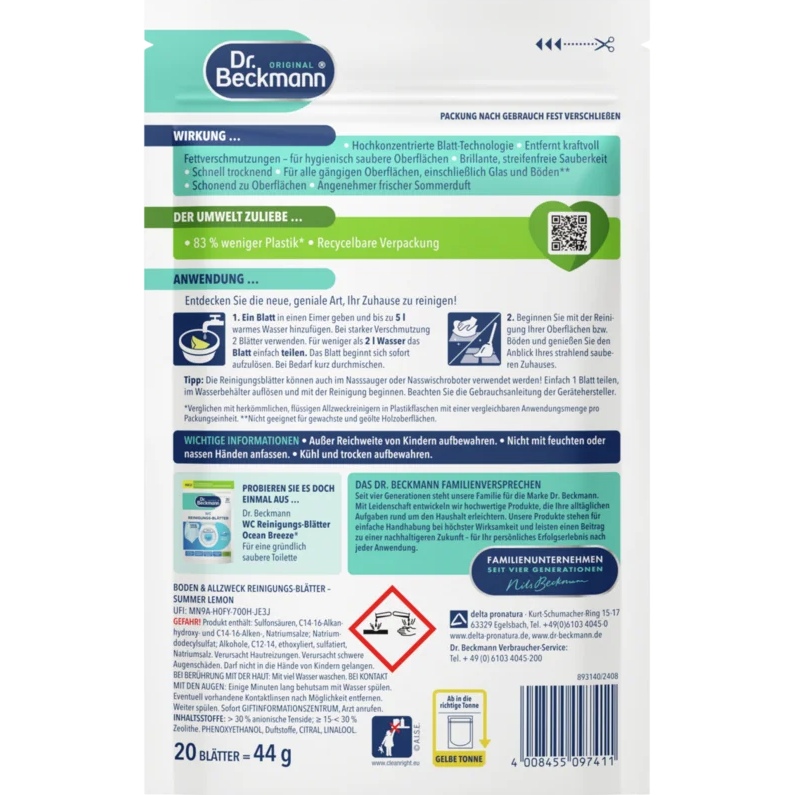 Салфетки растворимые DR. BECKMANN Magic Leaves Летний лимон 20 шт (4008455097411) Тип салфетки