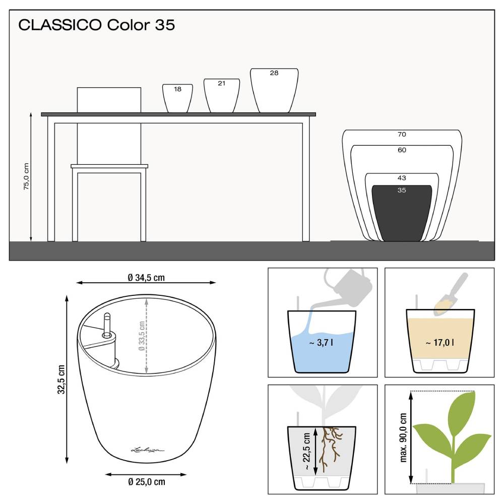 Вазон LECHUZA Classico Color 35 Сірий (13224) Розміри 34,5х32,5 