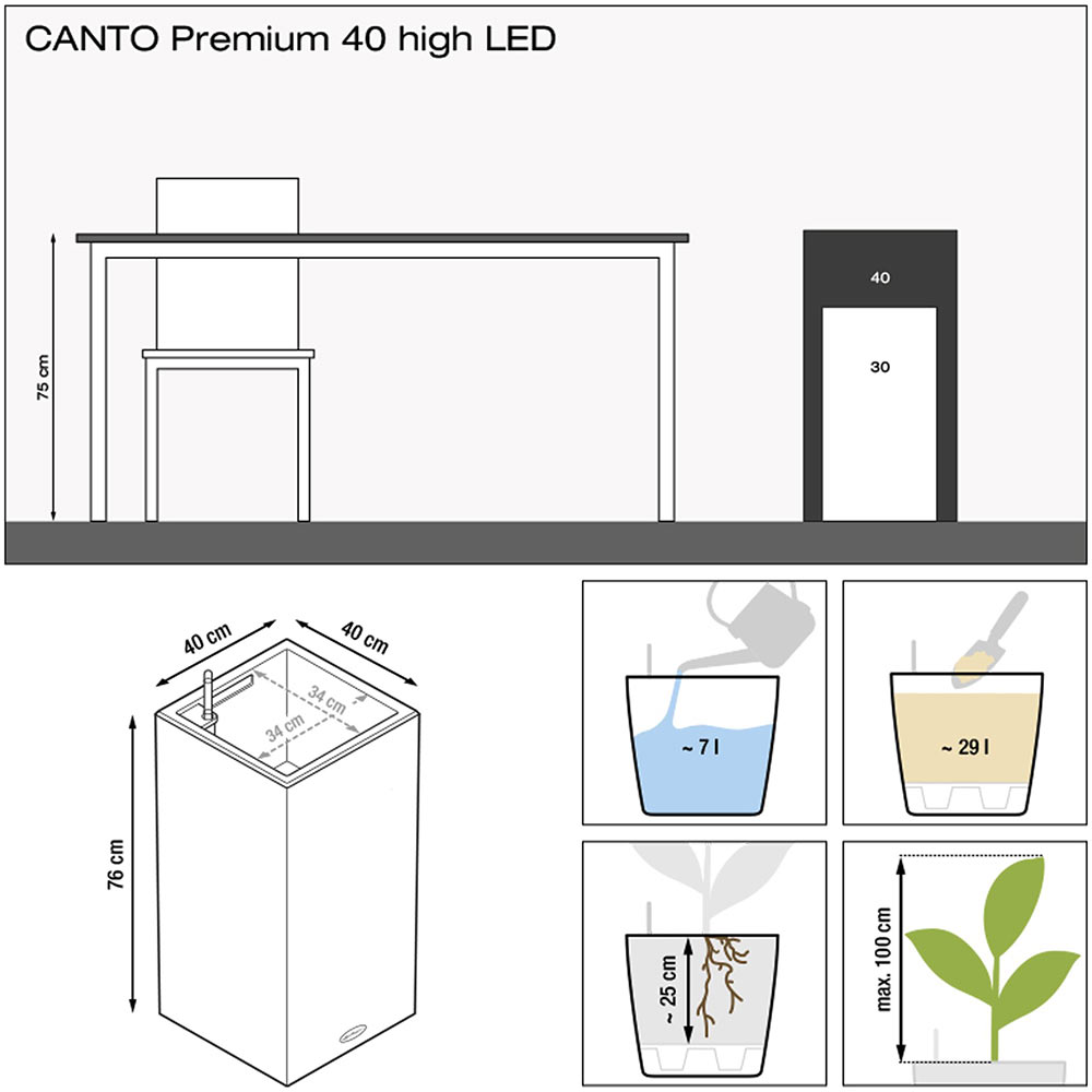 Вазон LECHUZA Canto Premium 40 High LED Shiny White (13770) Додатково Внутрішні розміри 34 х 34 см; З автополивом; Об'єм резервуару для води 7 л; Максимальна висота рослини – 100 см;