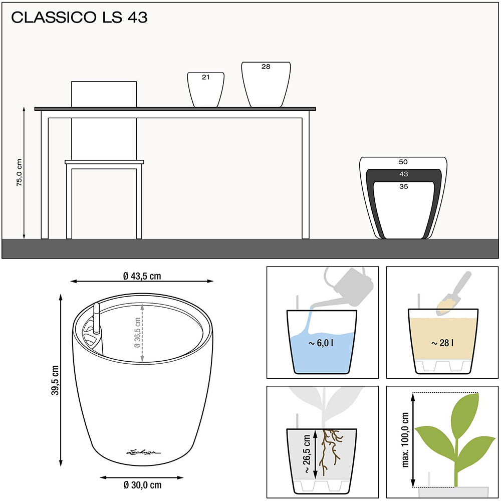 Вазон LECHUZA 14290 Classico Color LS 43 White (14290) Материал пластик