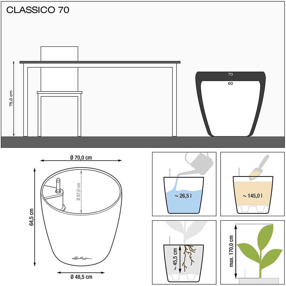 Вазон LECHUZA Classico Premium 70 White (14660) Матеріал пластик