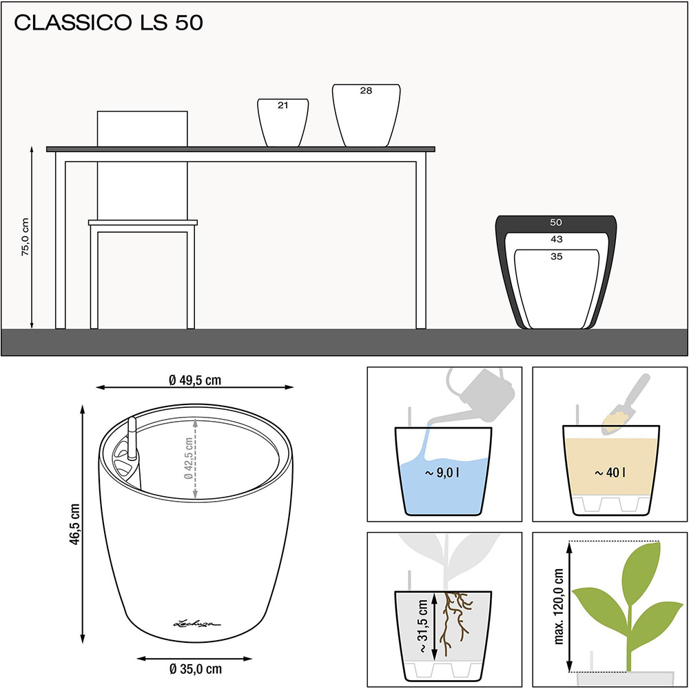 Кашпо LECHUZA Classico Premium LS 50 Антрацит (16103) Размеры 49.5х46.5