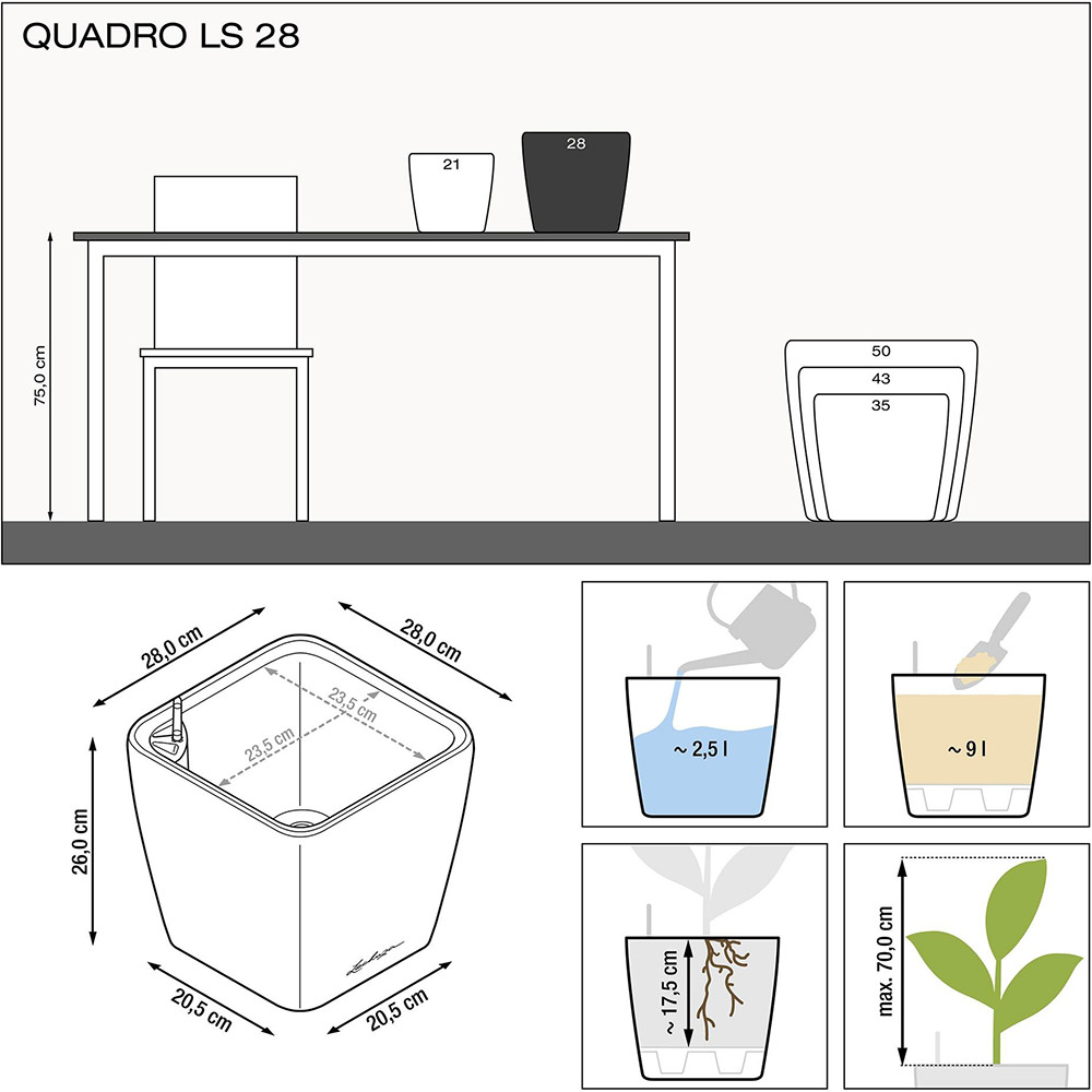 Кашпо LECHUZA Quadro Premium LS 28 Антрацит (16143) Розміри 28 x 26