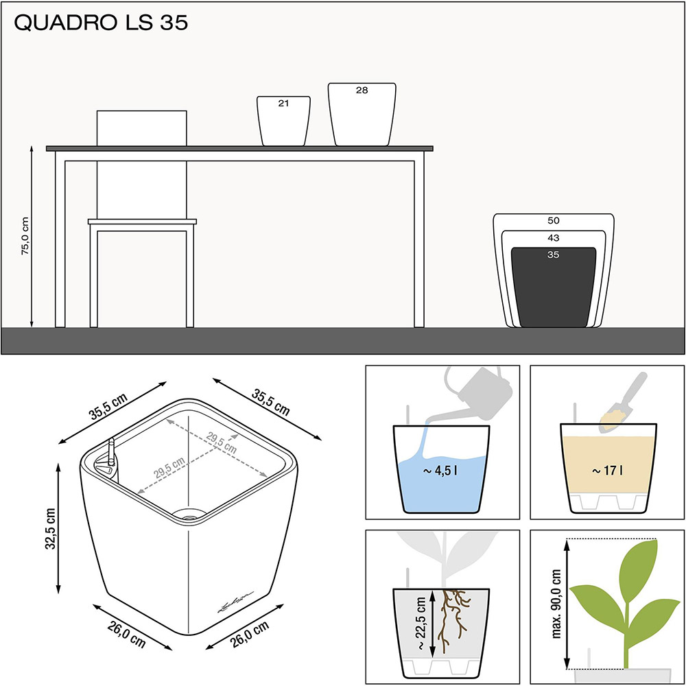 Кашпо LECHUZA Quadro Premium LS 35 Серо-коричневый (16165) Размеры 35.5 x 32.5