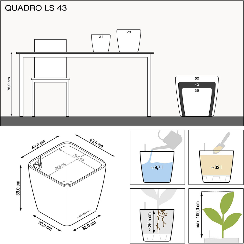 Кашпо LECHUZA Quadro Premium LS 43 Антрацит (16183) Розміри 43 x 39