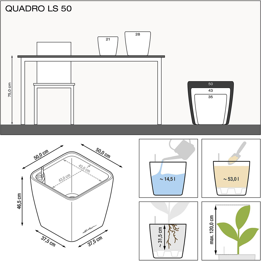 Кашпо LECHUZA Quadro Premium LS 50 Антрацит (16283) Размеры 50 x 46.5