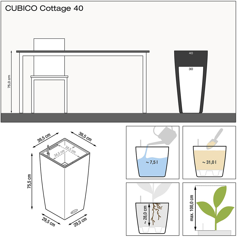 Вазон LECHUZA Cubico Cottage 40 Granite (15242) Материал пластик